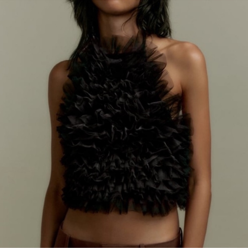 Black Ruffled Halter Crop Top
